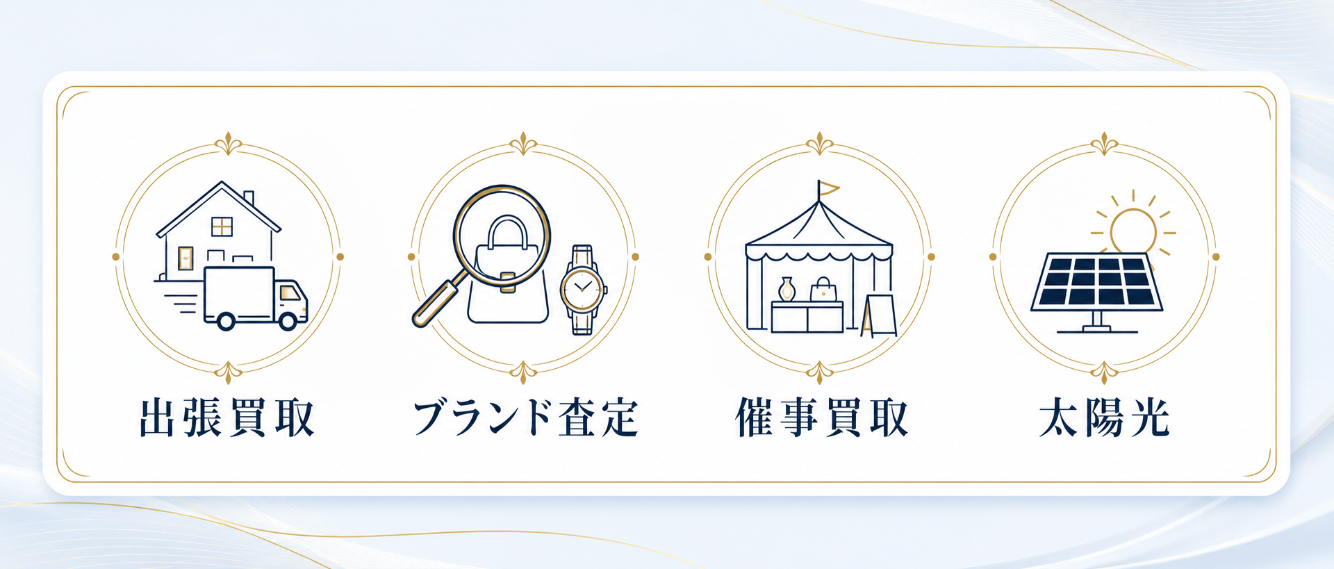 出張買取、ブランド査定、催事買取、太陽光の4事業アイコン